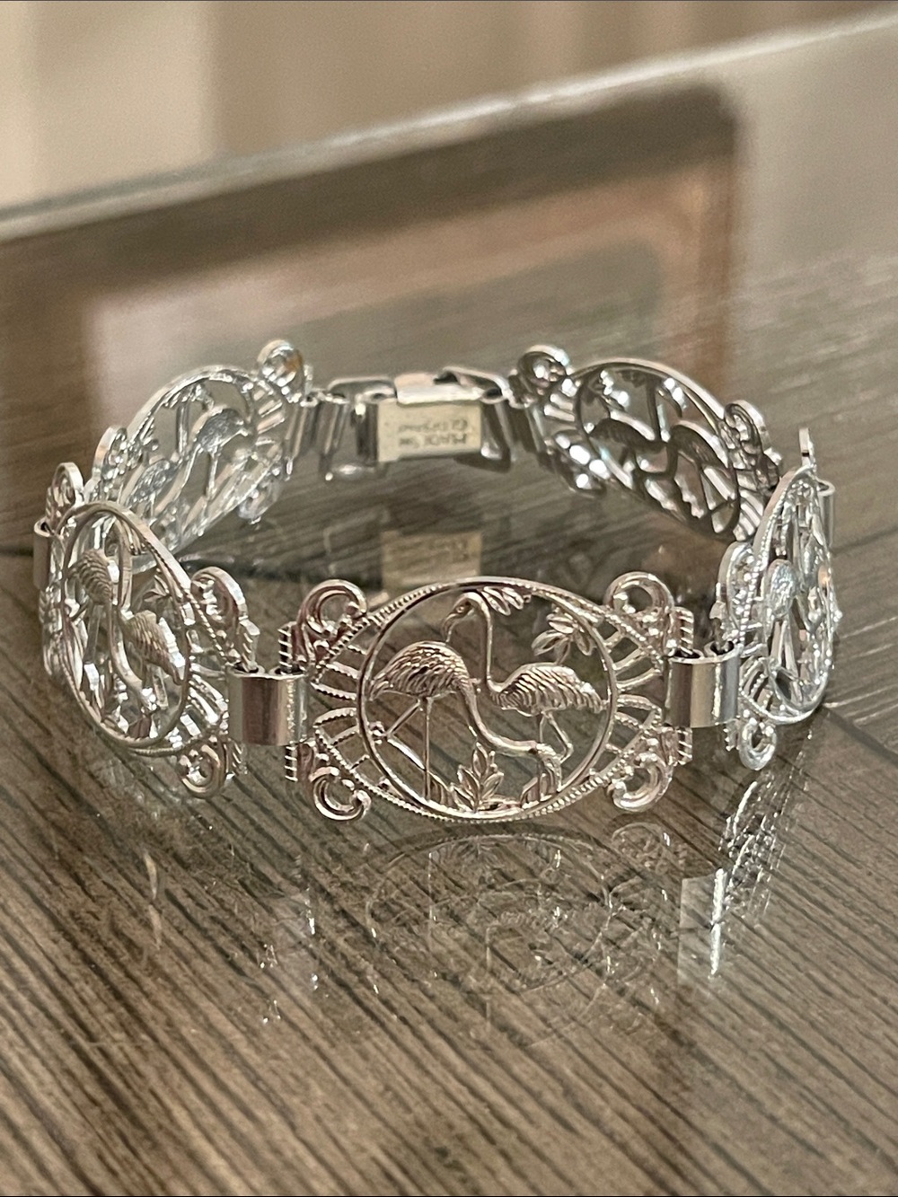 Vintage Made in Germany Eloxal Aluminum Flamingo Panel Bracelet 7 1/4” approx